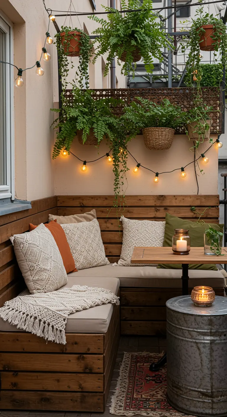 Banquette d'angle en bois, coussins moelleux, fougères suspendues et guirlande lumineuse sur une petite terrasse.