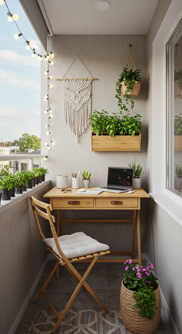 Petit balcon avec bureau pliant, chaise en bois, plantes en jardinières murales et guirlande lumineuse.