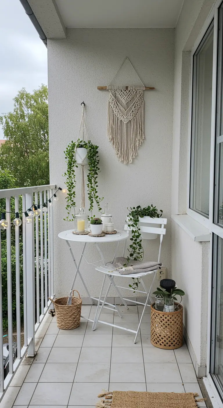 Petit balcon blanc avec table et chaises, macramé et plante suspendue, paniers en osier.