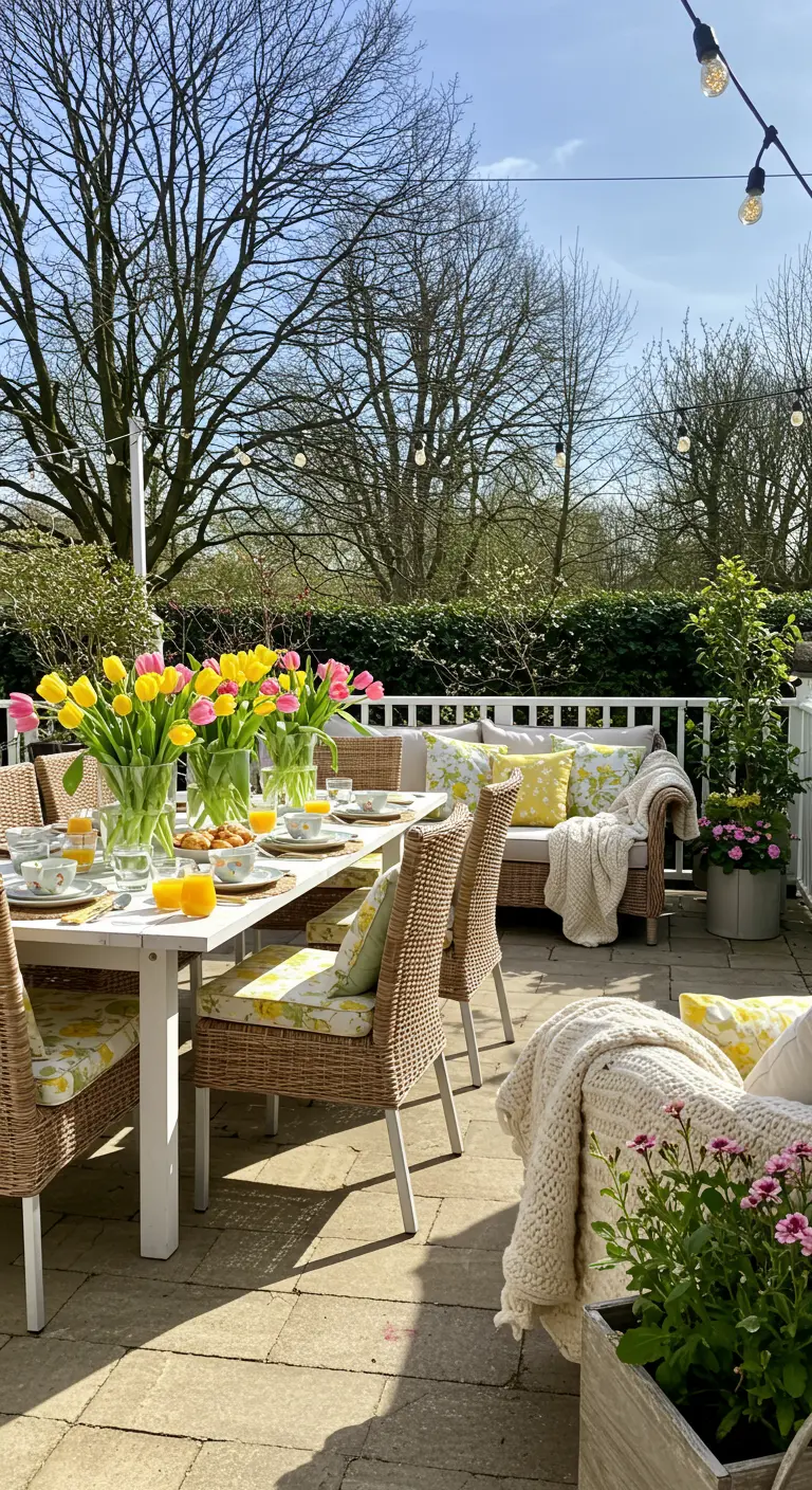 Terrasse de printemps avec table à manger décorée de bouquets de tulipes jaunes et roses, coussins colorés.
