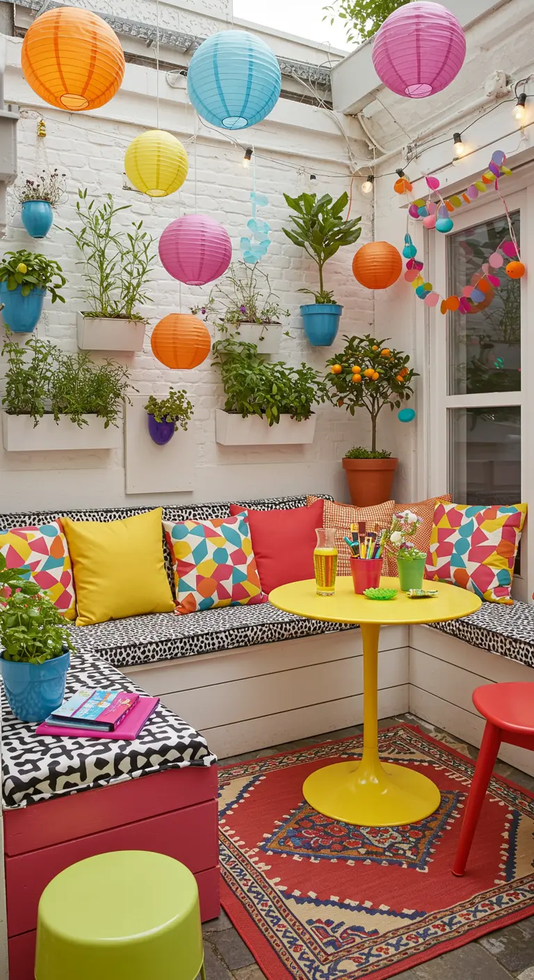 Patio éclectique avec banquette blanche, coussins vifs, lampions colorés et plantes murales variées.