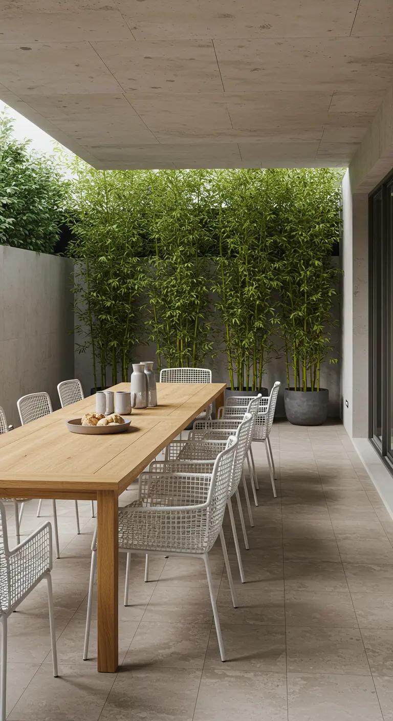 Grande table en bois clair, chaises blanches tressées, mur de bambous en pots sur une terrasse contemporaine.