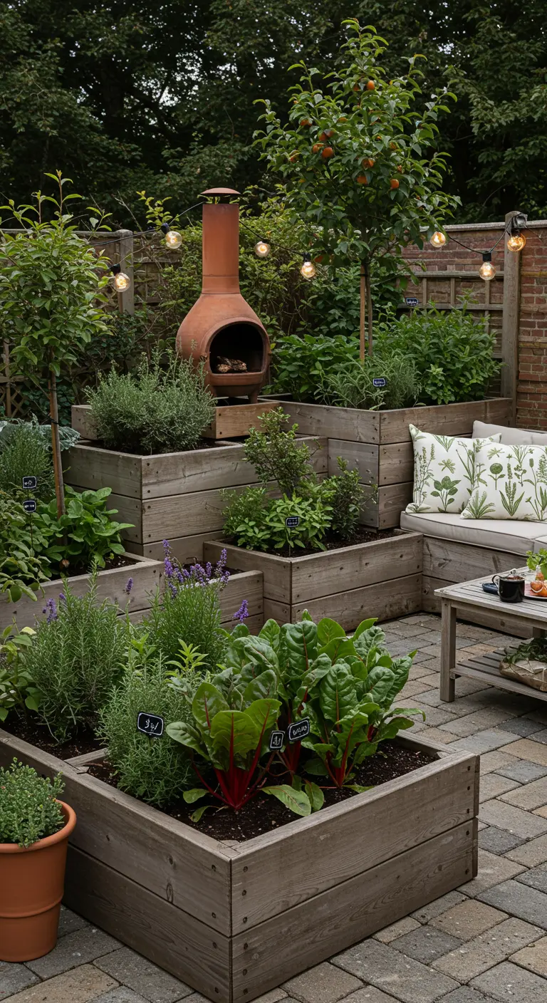 Jardin potager avec des bacs en bois superposés et un brasero en terre cuite.