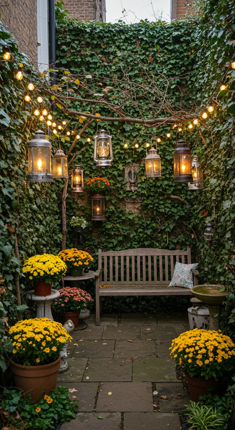 Jardin secret aux murs couverts de lierre, guirlandes lumineuses, lanternes suspendues et banc en bois.
