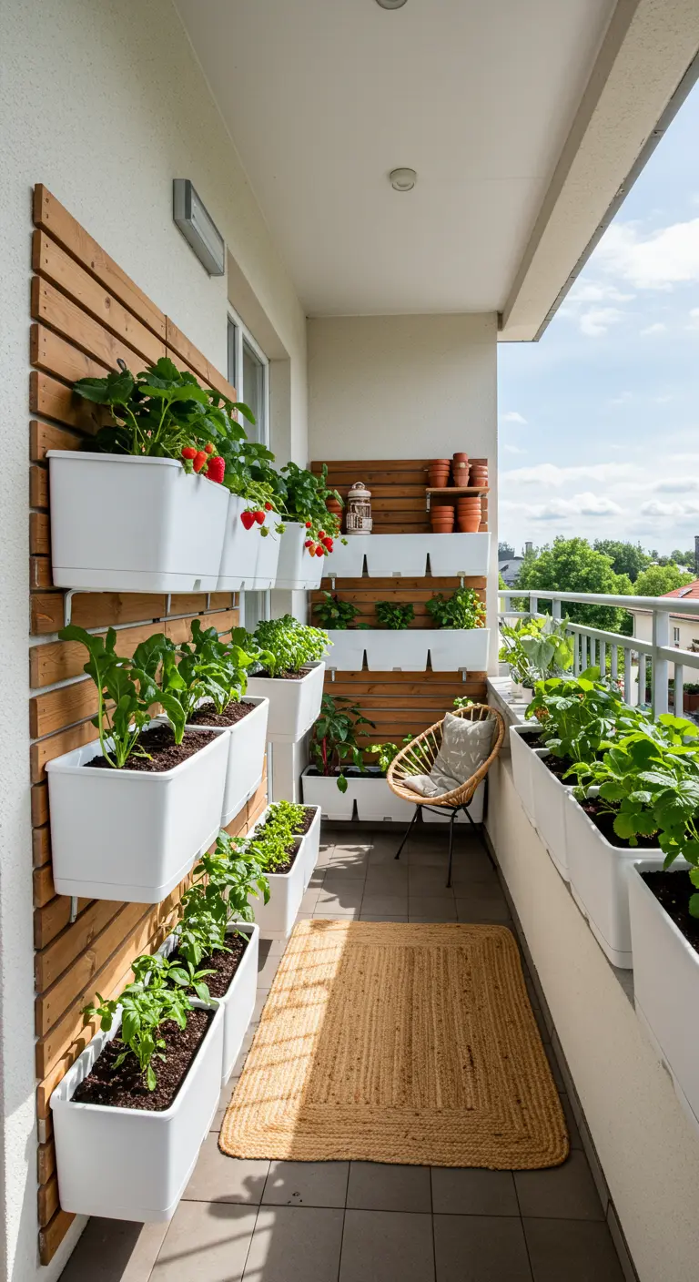 Mur végétal en bois avec jardinières blanches garnies de fraises et légumes sur un balcon