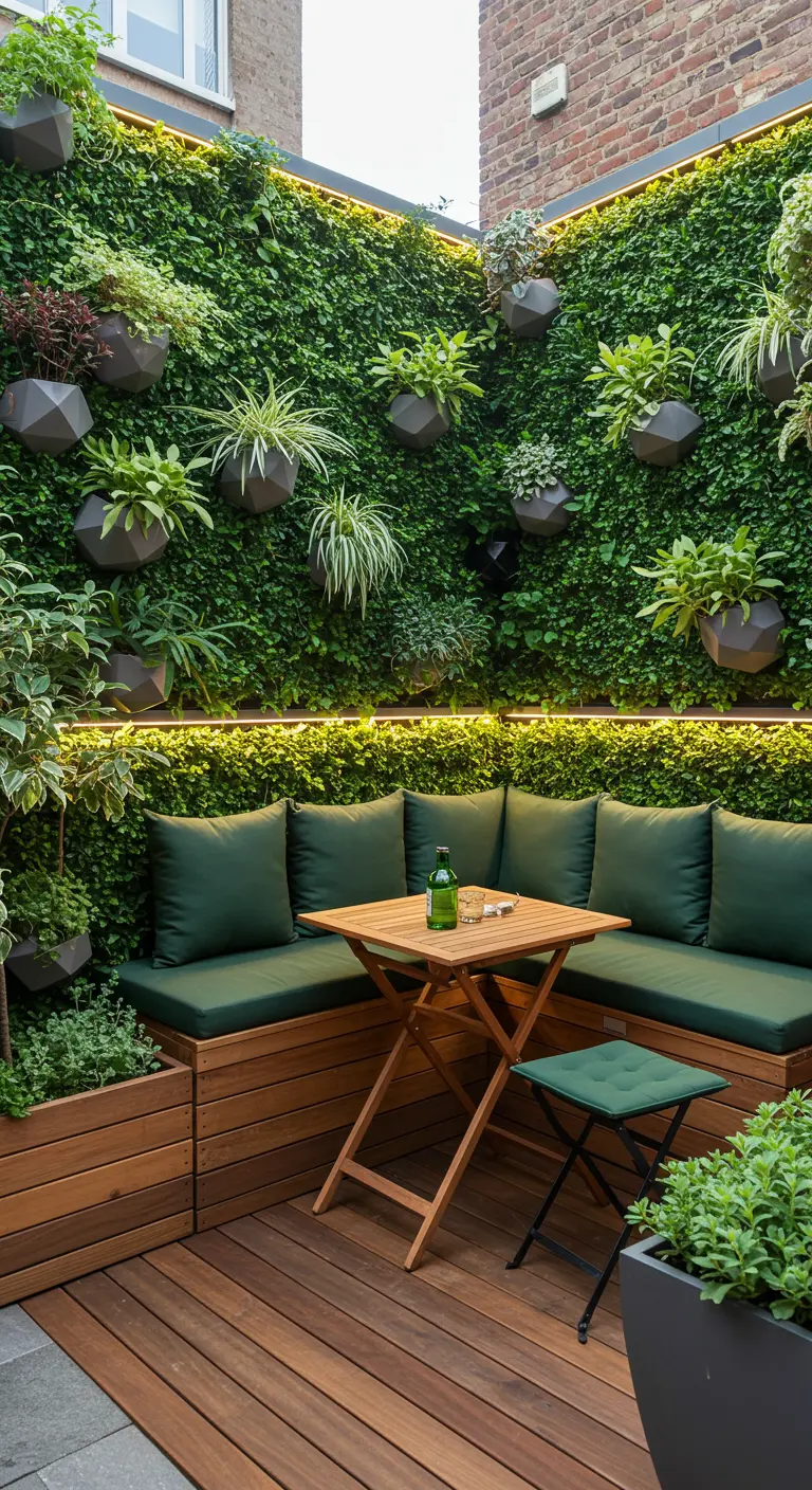 Patio verdoyant avec mur végétal luxuriant, banquette en bois et éclairage LED chaleureux intégré.