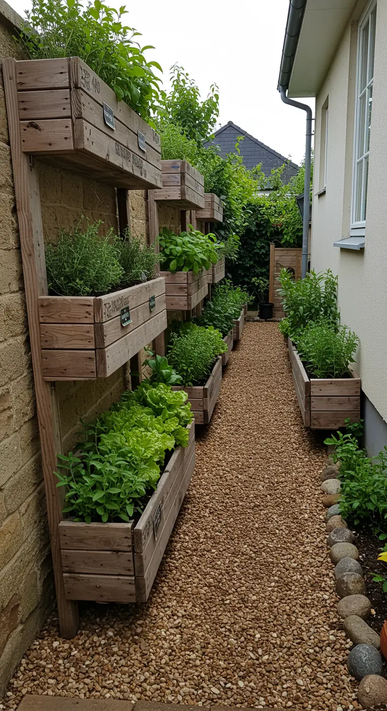 Potager vertical en bois de récupération le long d'un mur, avec chemin de graviers.