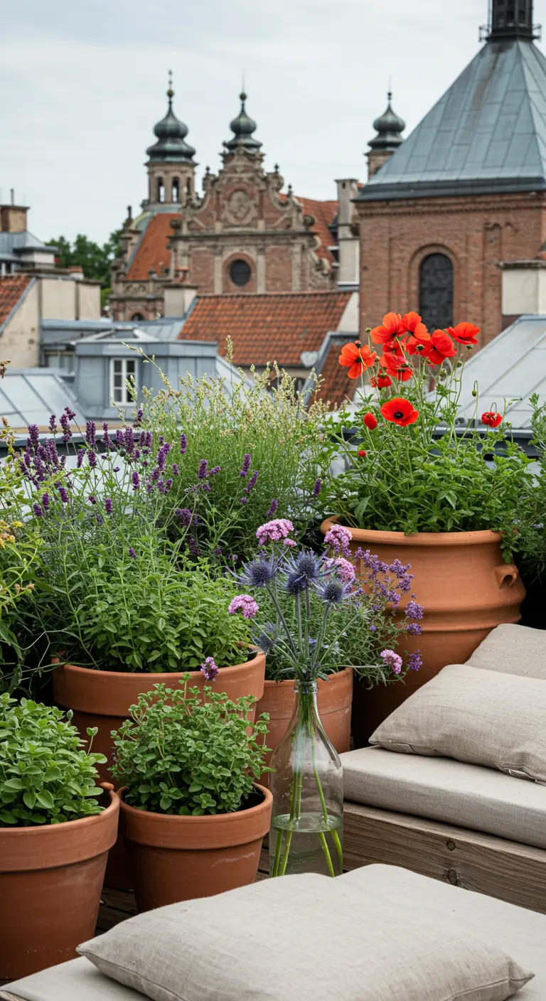 Toit-terrasse urbain avec des pots en terre cuite remplis de lavande, de coquelicots et d'autres fleurs.