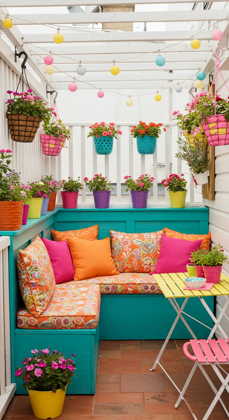 Patio coloré avec banquette turquoise, coussins vifs, guirlandes festives et pots de fleurs multicolores.