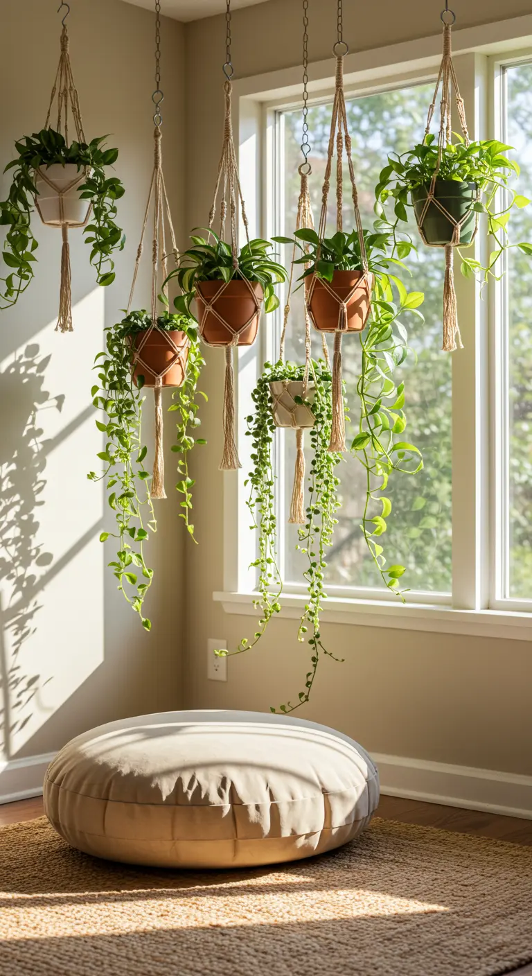 Pots en macramé avec plantes retombantes près d'une fenêtre lumineuse et un coussin de sol.