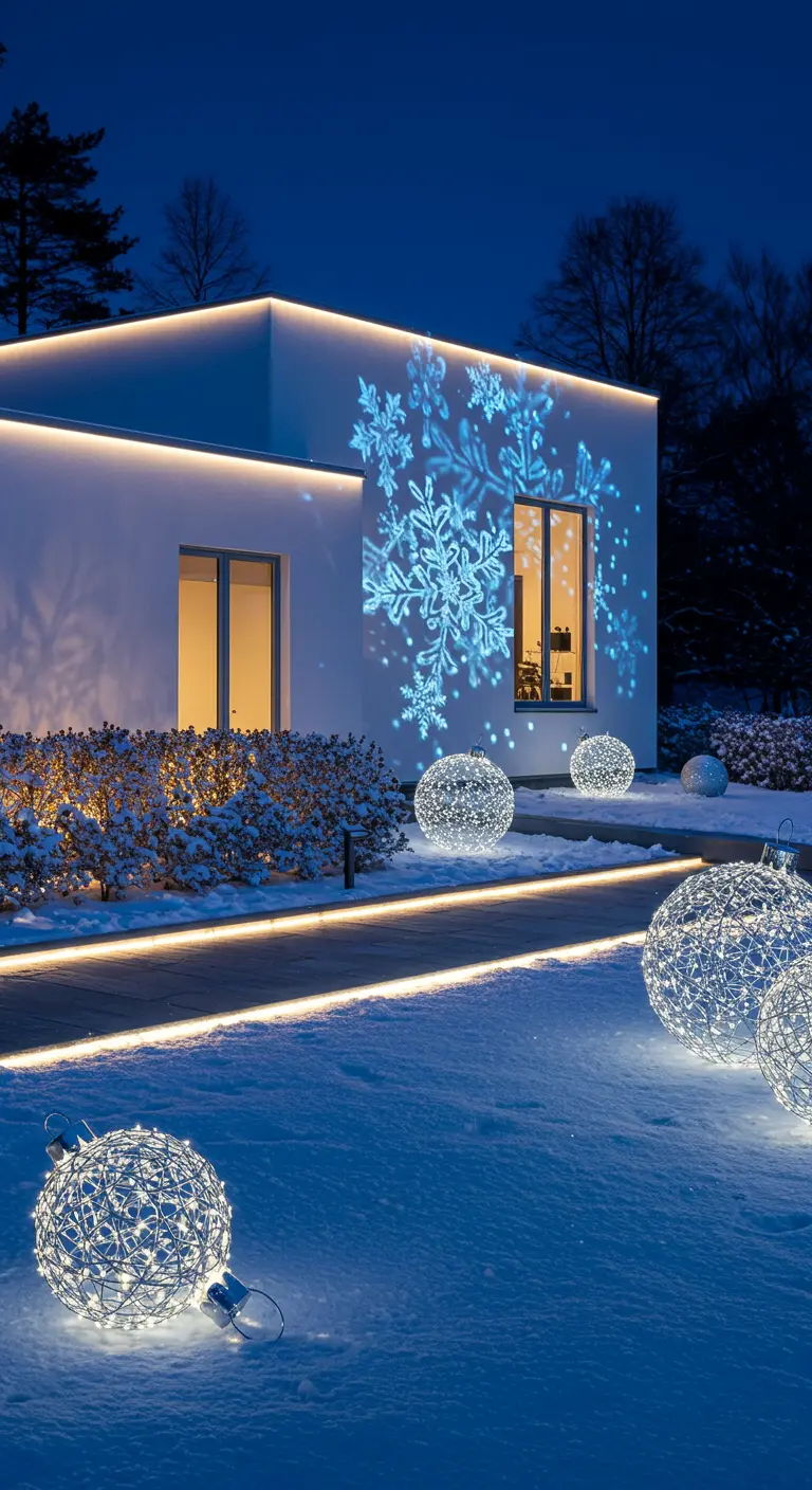 Maison moderne blanche avec projections de flocons bleus, accompagnée de boules lumineuses en fil métallique dans le jardin enneigé.