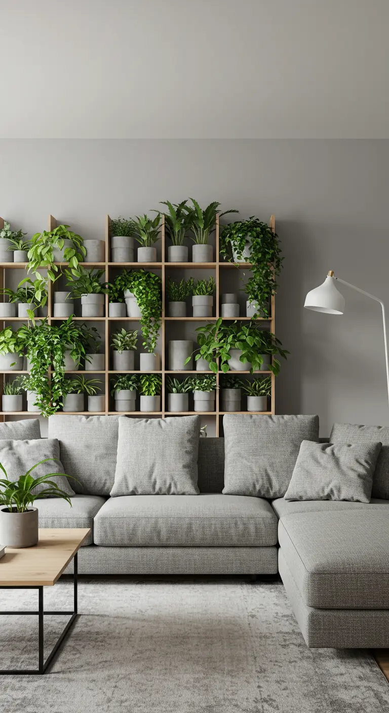 Grandes étagères remplies de plantes vertes dans des pots gris de diverses formes et tailles dans un salon.