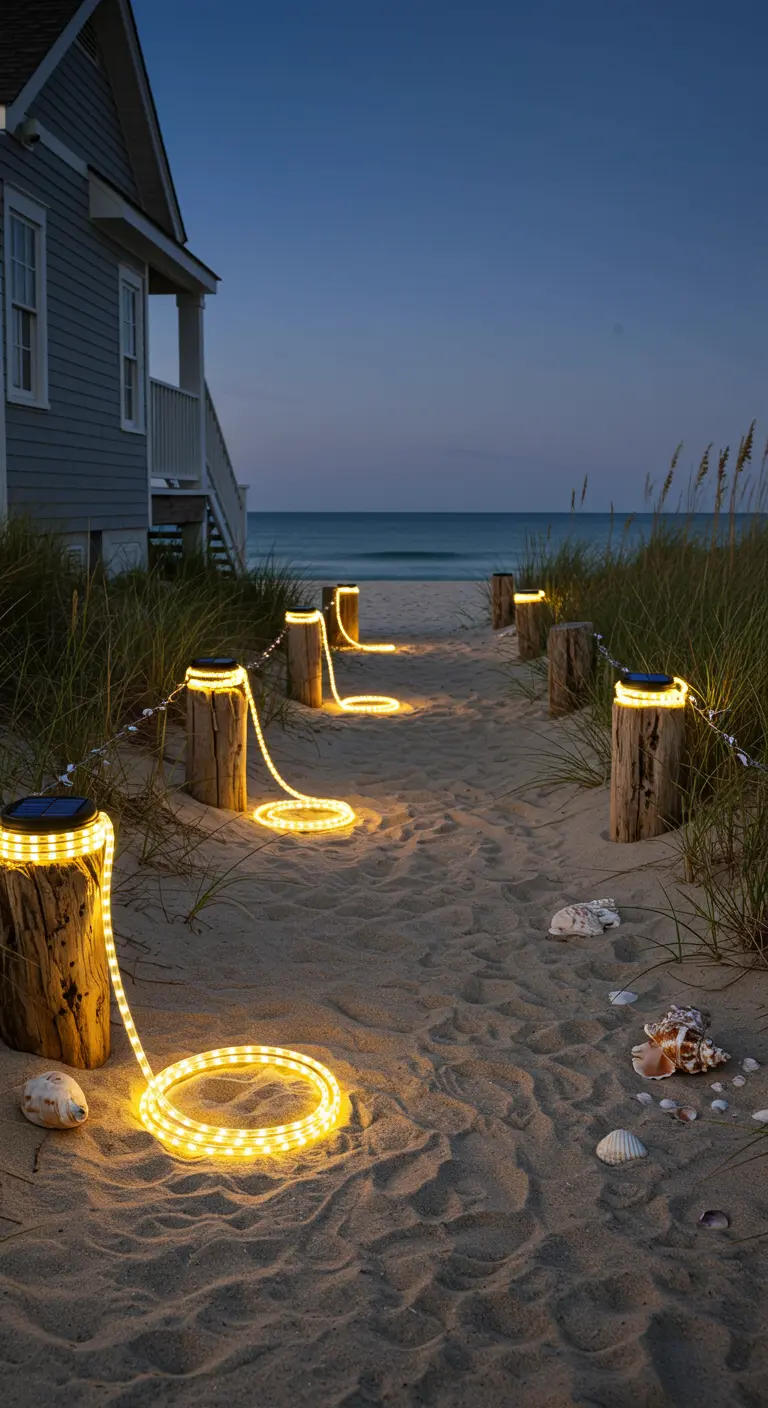 Chemin sablonneux éclairé par des cordons LED solaires enroulés autour de piquets en bois, près de la mer.