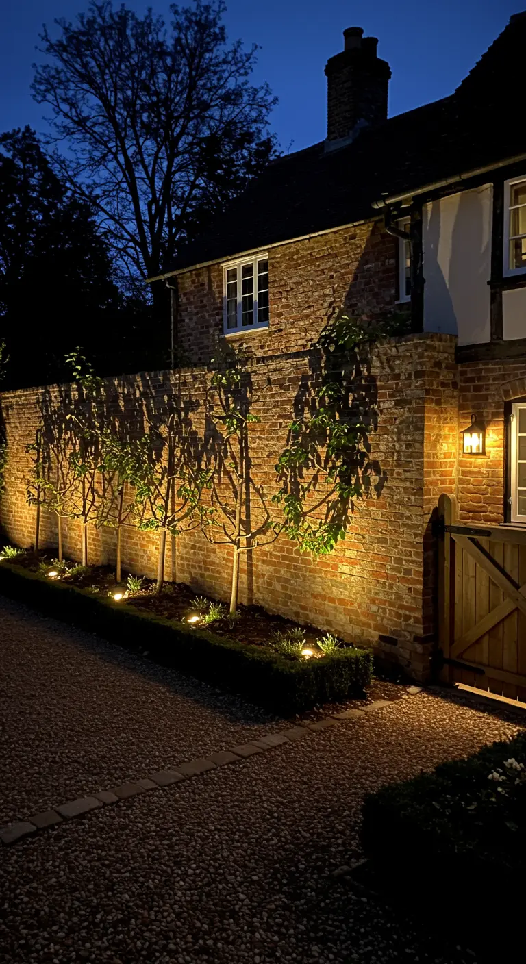Mur de briques avec des arbres en espalier éclairés par le bas et des appliques murales classiques la nuit.