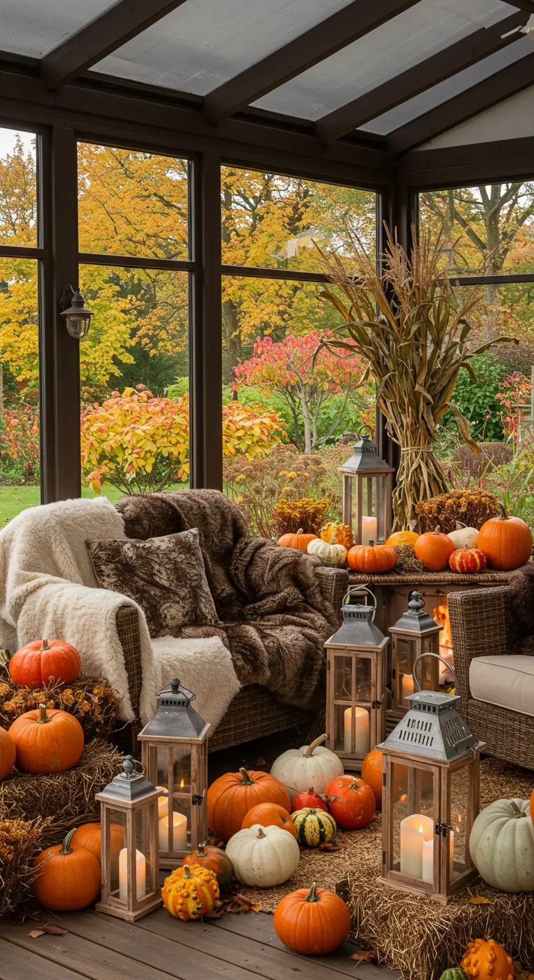 Véranda décorée pour l'automne avec canapés, plaids en fourrure, citrouilles, bottes de foin et gerbes de maïs.