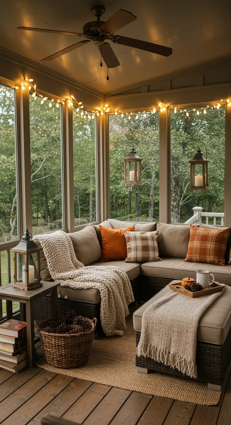 Véranda confortable avec canapé d'angle, guirlandes LED, lanternes en bois, plaid et décorations d'automne.