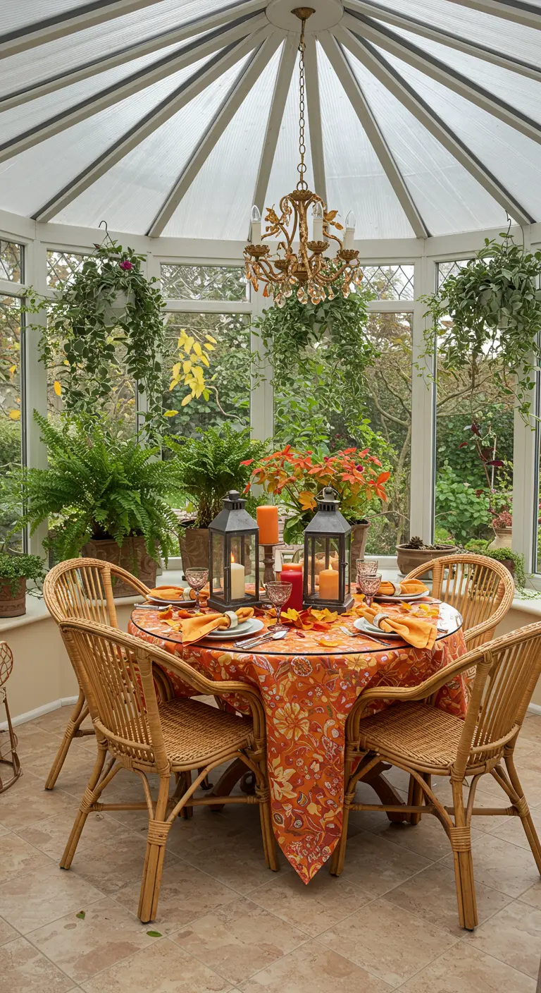Véranda lumineuse avec table en rotin, nappe orange et lanternes décorées de feuilles d'automne.