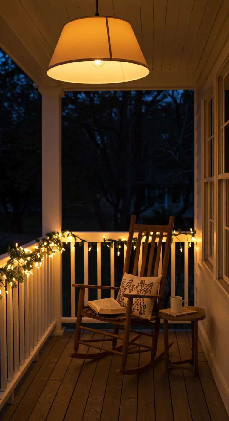 Véranda cosy avec une chaise à bascule, une suspension, des guirlandes lumineuses et une table d'appoint.