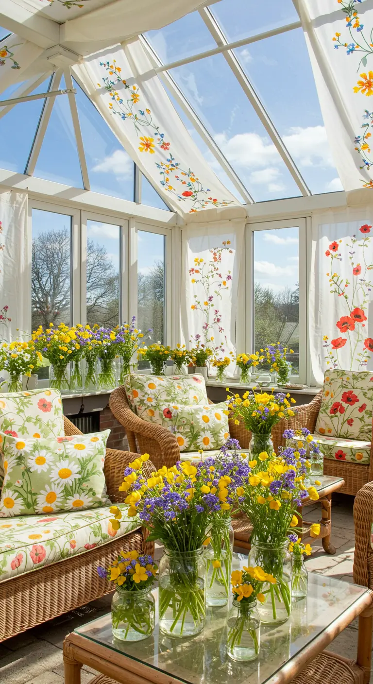 Véranda ensoleillée avec mobilier en osier, coussins marguerites et une multitude de bouquets printaniers.