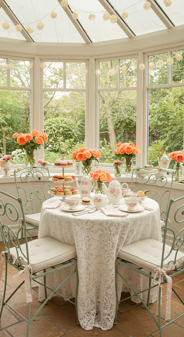 Véranda lumineuse avec une table à thé romantique, chaises menthe et roses corail, lumières d'ambiance.