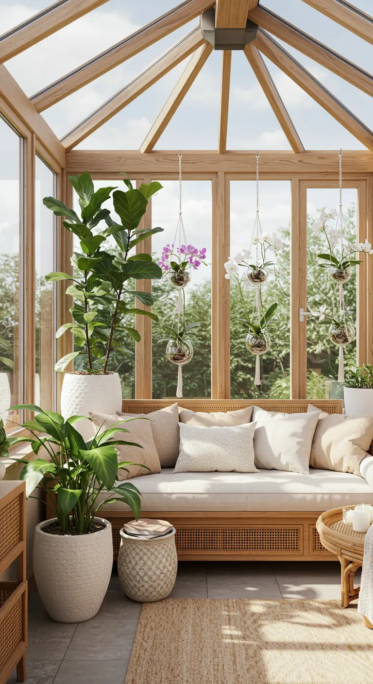 Véranda lumineuse avec banquette, plantes en pots blancs et orchidées suspendues.