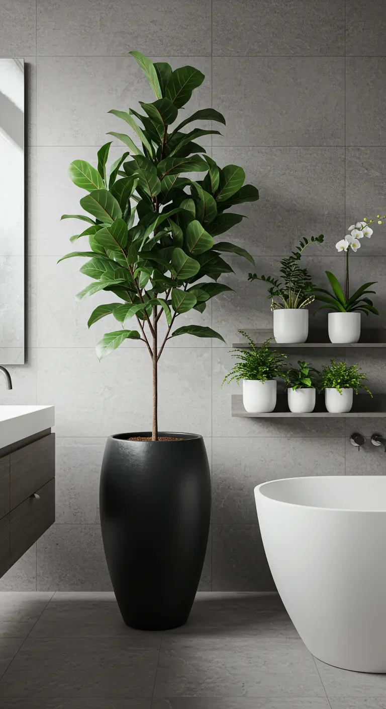 Salle de bain moderne avec un grand pot noir contenant un Ficus Lyrata et des petits pots blancs.