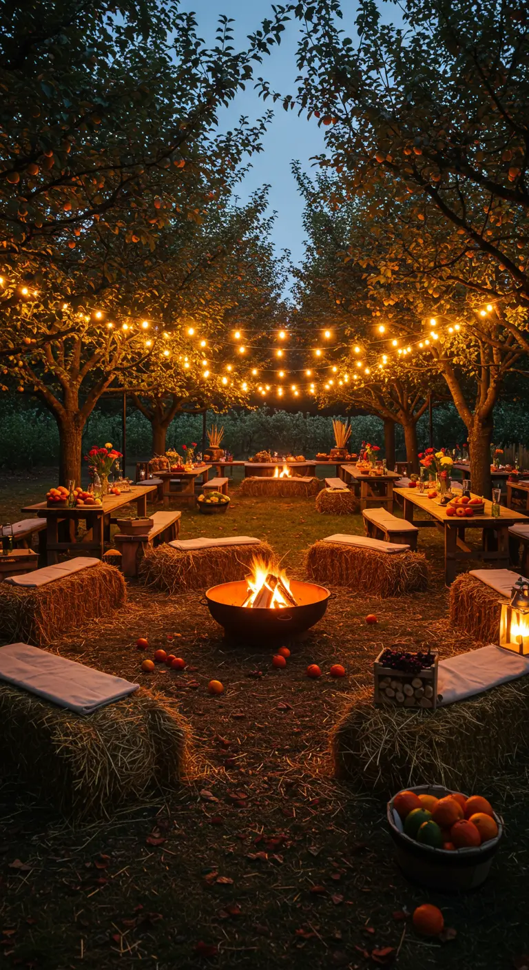 Verger avec des arbres fruitiers illuminés par des guirlandes, tables en bois, bottes de foin et un feu de joie central.