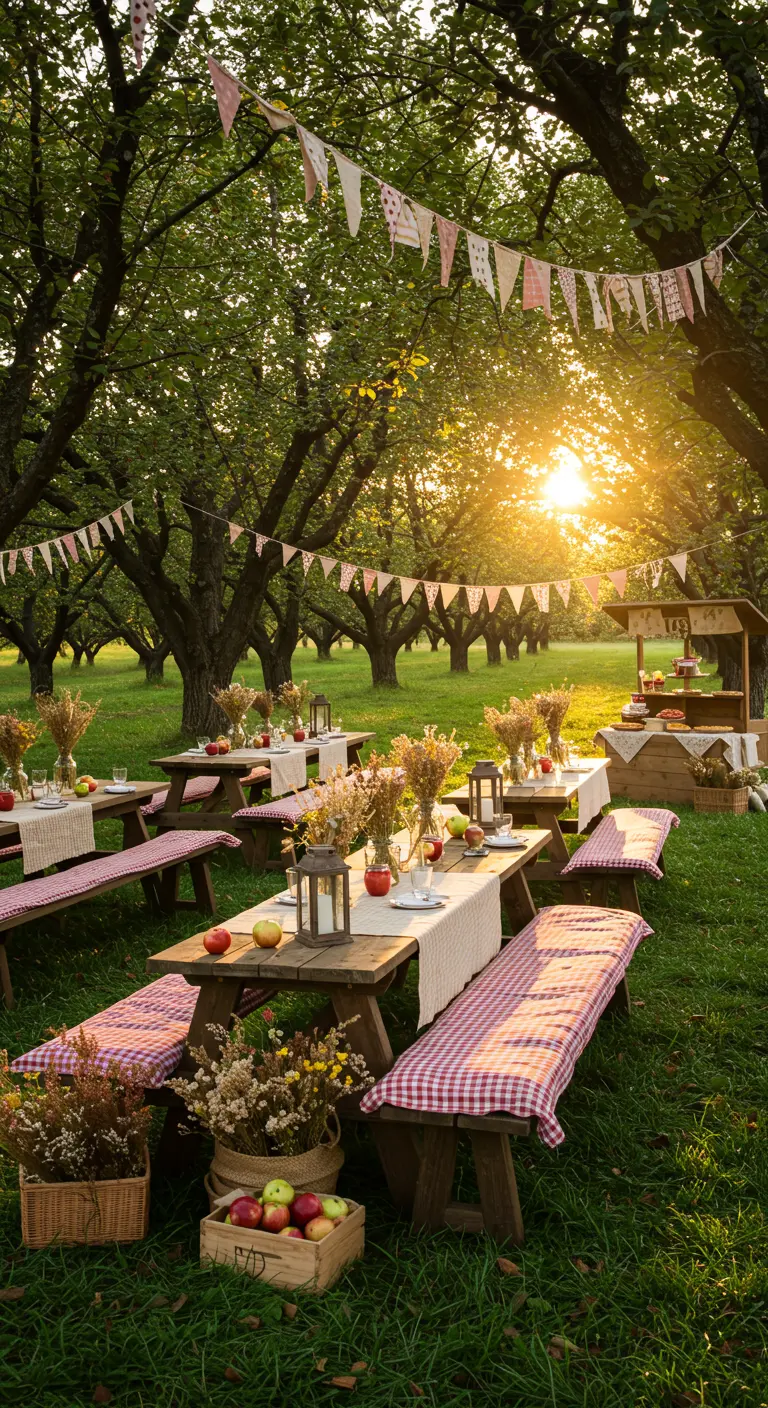 Fête dans un verger avec tables de pique-nique, coussins à carreaux, guirlande de fanions et fruits frais.