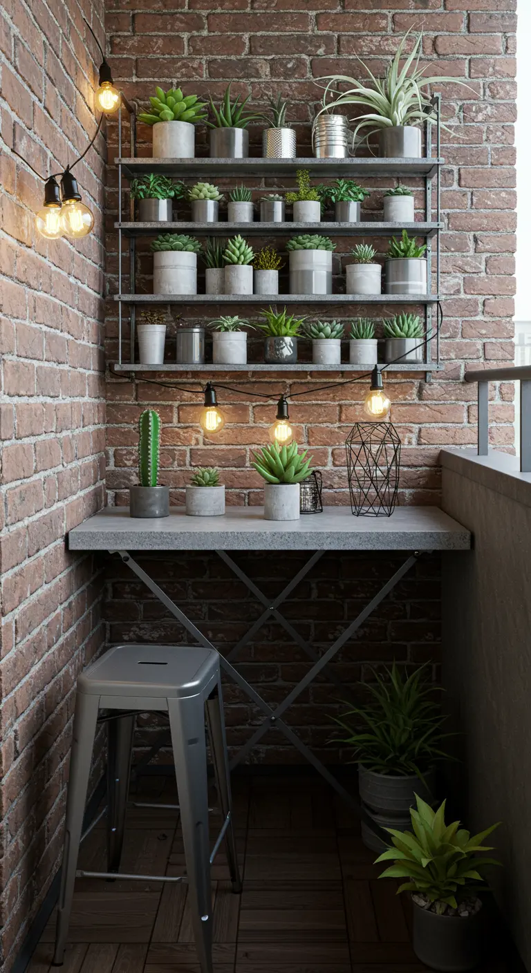 Balcon industriel avec mur de briques, étagères de succulentes, comptoir, tabouret et guirlandes lumineuses.