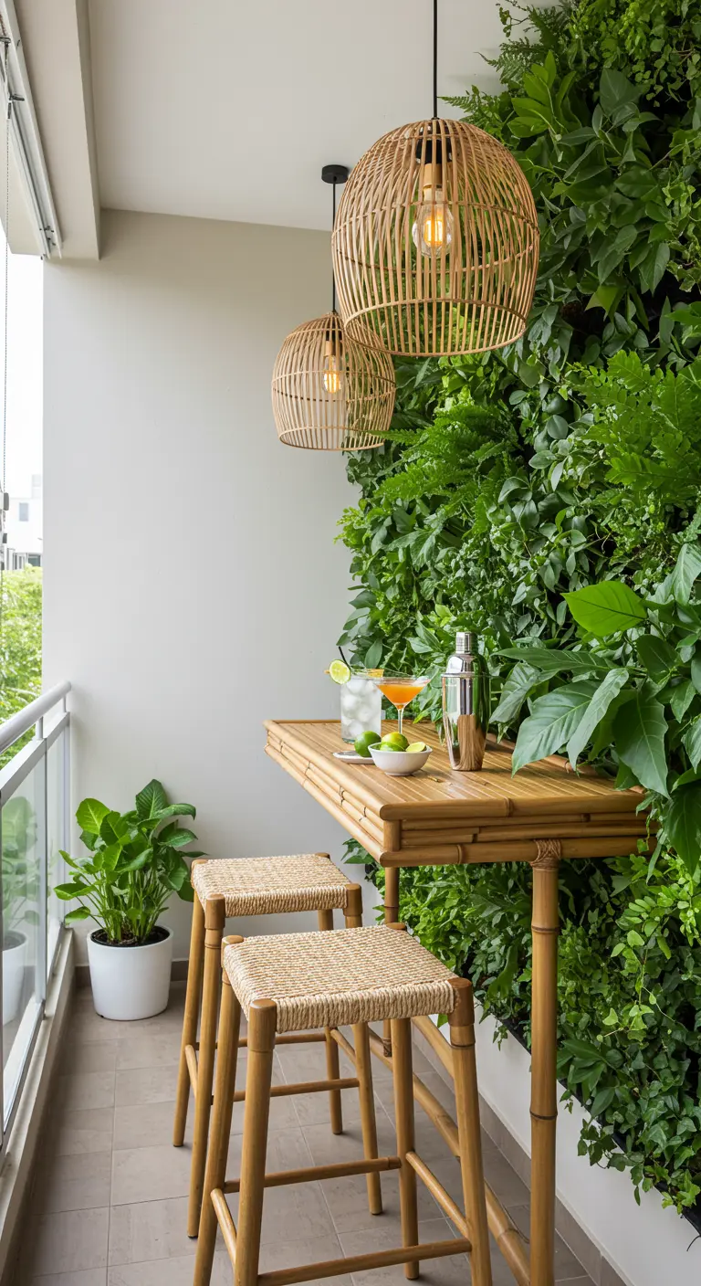Balcon étroit avec mur végétal, table de bar en bambou et suspensions en bambou.
