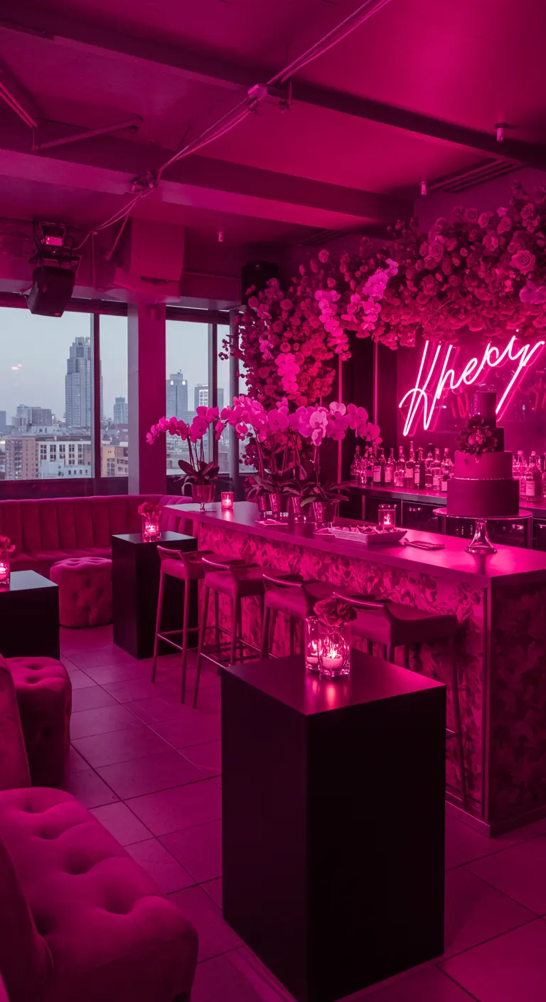 Bar/club monochrome rose vif avec néon, banquettes en velours et décorations florales.