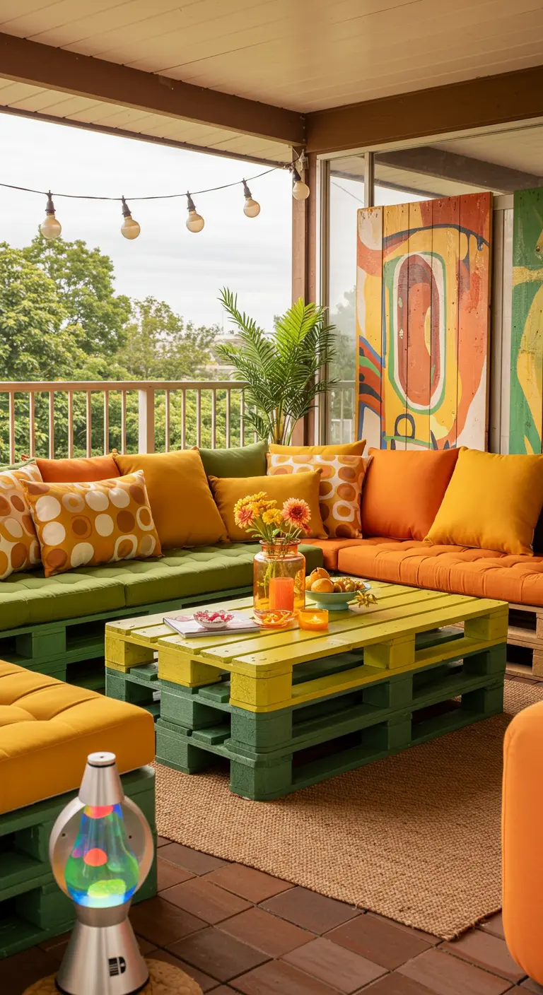 Salon de jardin palettes vert foncé, coussins jaune/orange, table bicolore, paravent mural coloré.