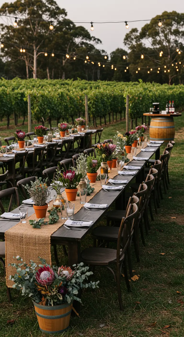 Tables longues en bois, chemins de table en jute, petites plantes en pot dans un vignoble éclairé par des guirlandes lumineuses.