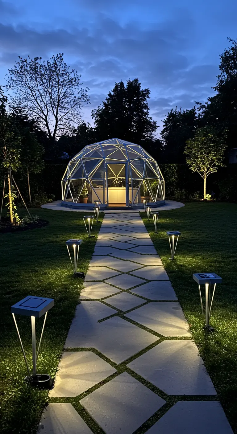 Allée moderne pavée avec balises solaires stylisées menant à une serre géodésique illuminée.