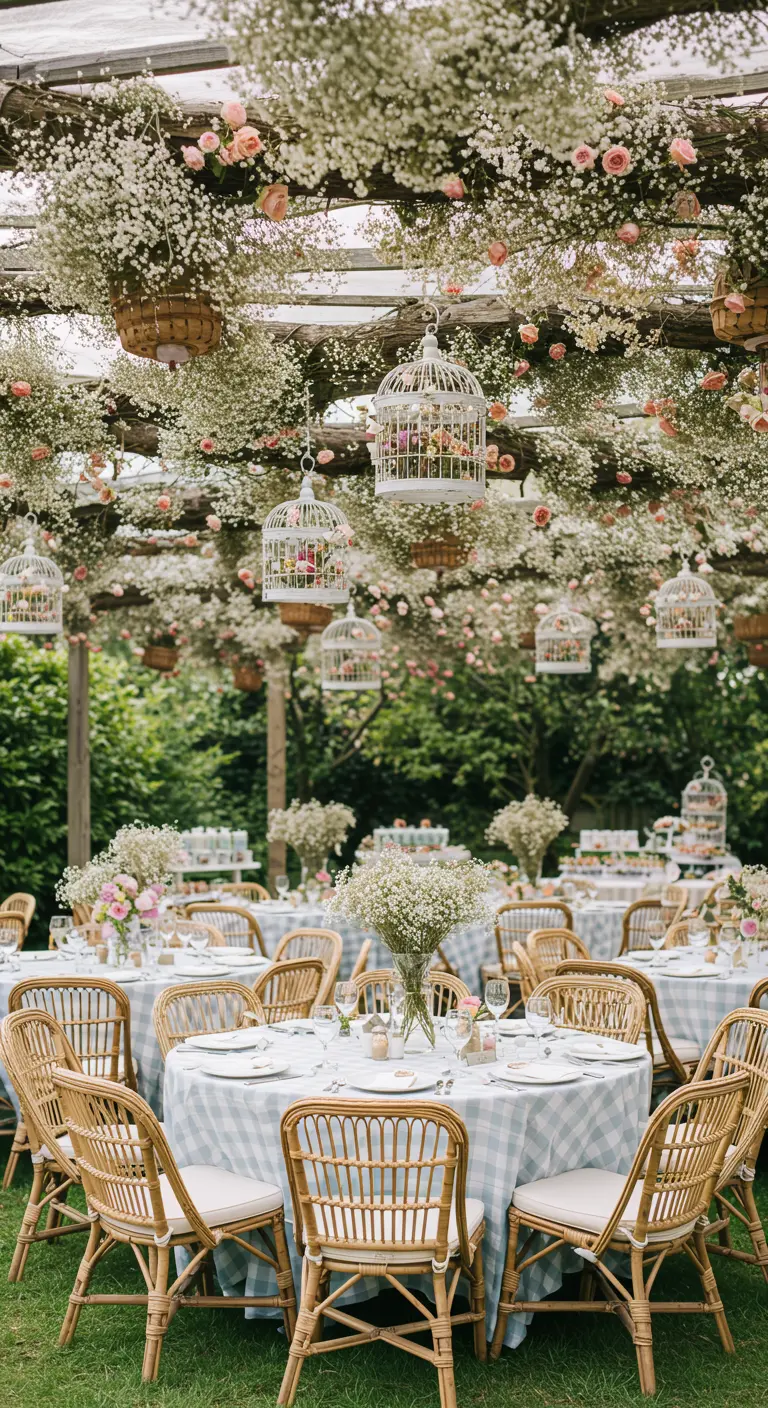 Pergola couverte de gypsophile et roses, avec des cages à oiseaux fleuries suspendues.
