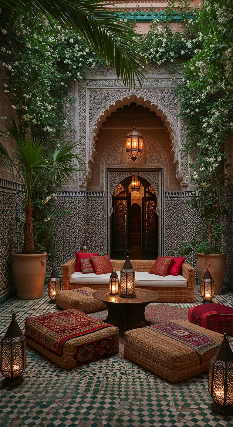 Patio marocain avec arche ornée, carrelage géométrique, mobilier bas et nombreuses lanternes orientales.