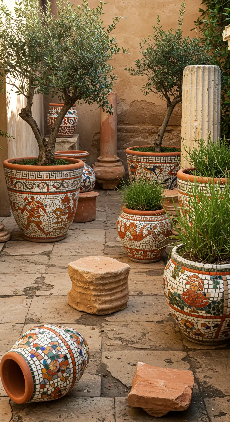 Cour ancienne avec oliviers dans des grands pots mosaïque aux tons terreux, colonnes romaines brisées.