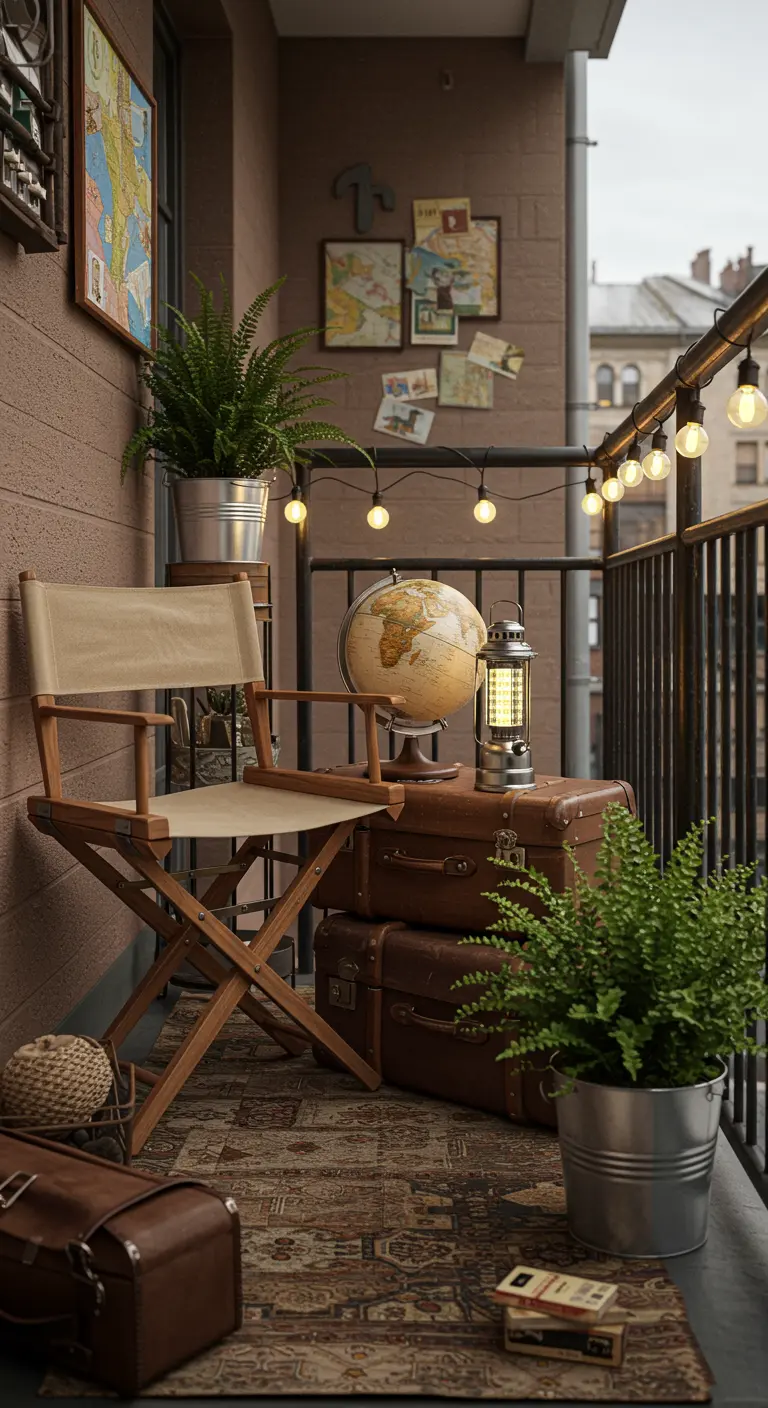 Balcon vintage avec chaise, valises empilées, globe, lanterne, fougères.