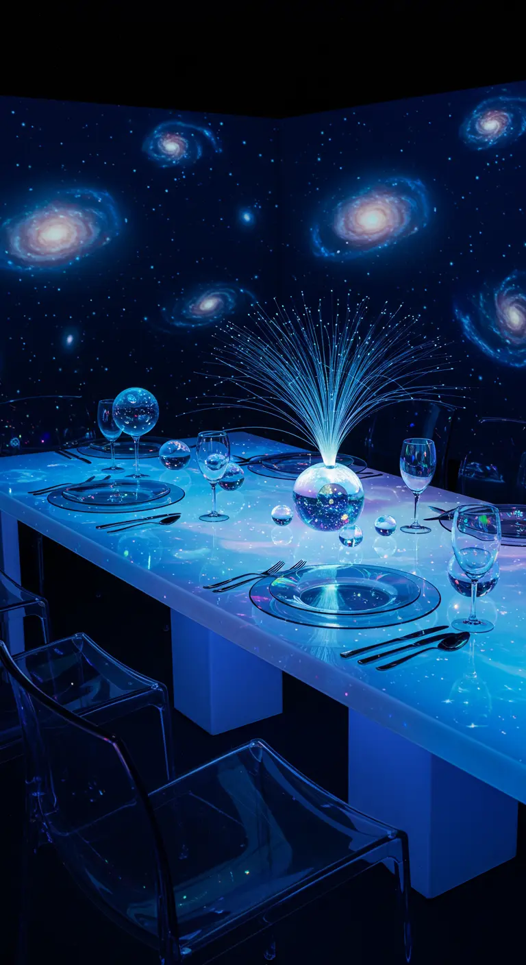 Table de dîner cosmique avec projections de galaxies, éclairage bleu et un centre de table à fibres optiques.