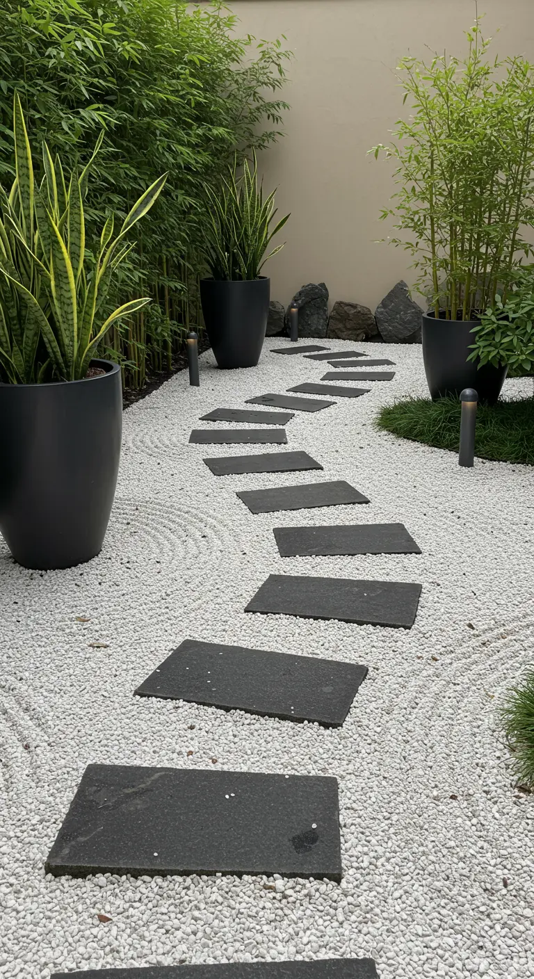 Chemin de dalles sombres sur gravier blanc ratissé, entouré de bambous et Sansevieria en pots noirs.