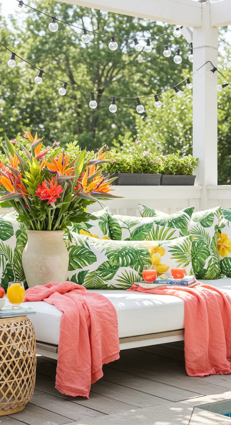 Terrasse d'été tropicale avec bouquet de fleurs d'oiseau de paradis, coussins à motifs de feuilles et plaid corail.