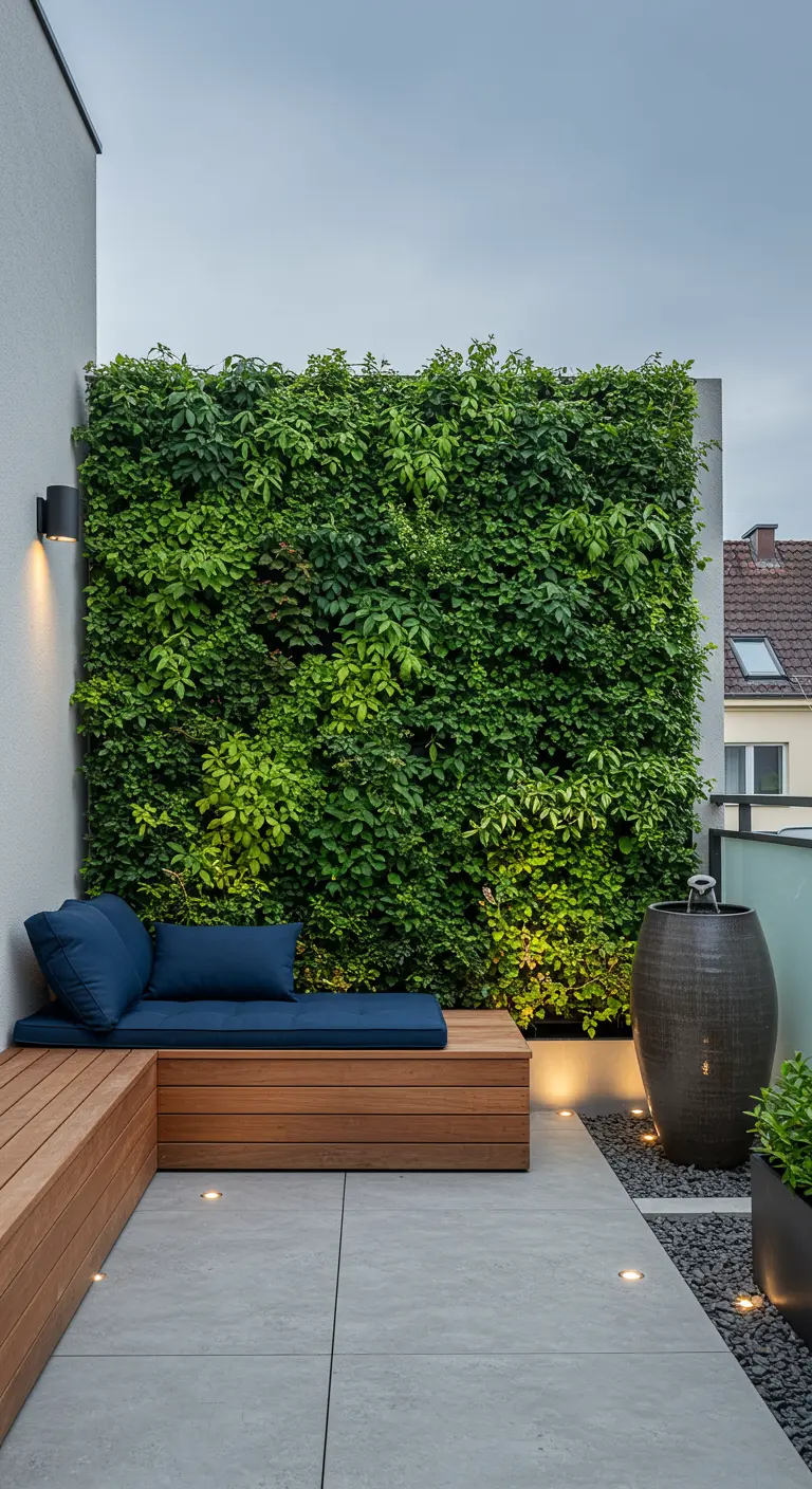 Terrasse moderne avec mur végétal, banquette en bois, coussin bleu et fontaine d'eau minimaliste.