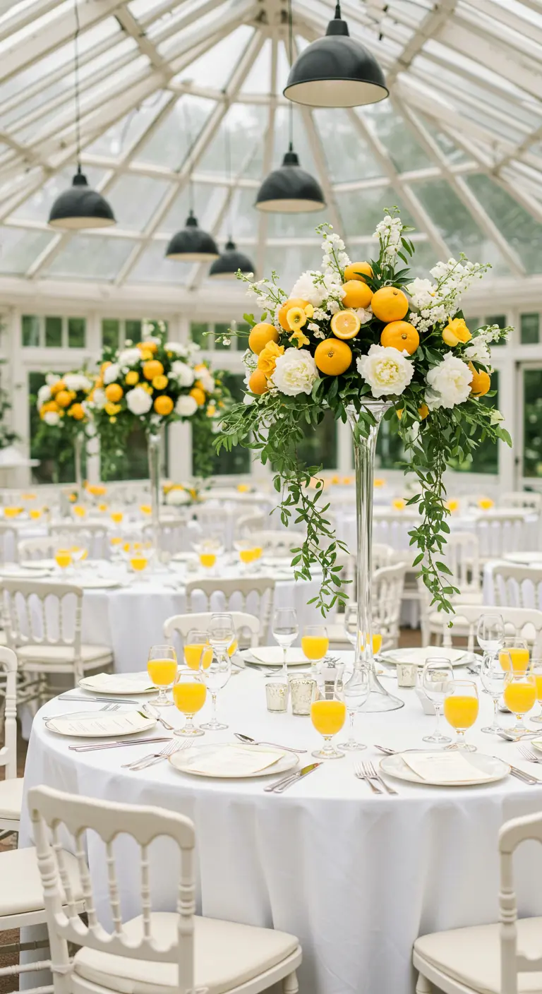 Réception sous verrière avec tables rondes blanches, centres de table hauts de fleurs blanches, feuillage et citrons frais.