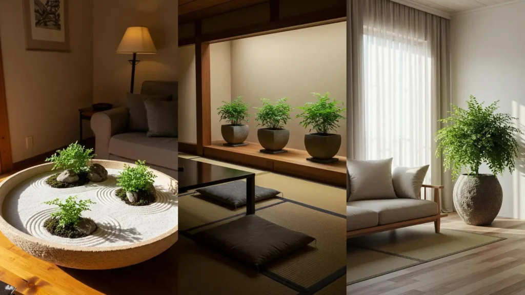 Plusieurs ambiances zen avec fougères délicates en pots de pierre, idéales pour un salon apaisant et naturel.