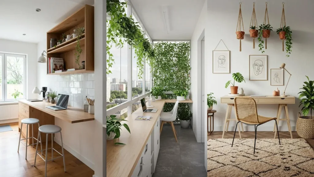 Trois bureaux à domicile lumineux et cosy avec bois blond, plantes suspendues et décor scandinave.