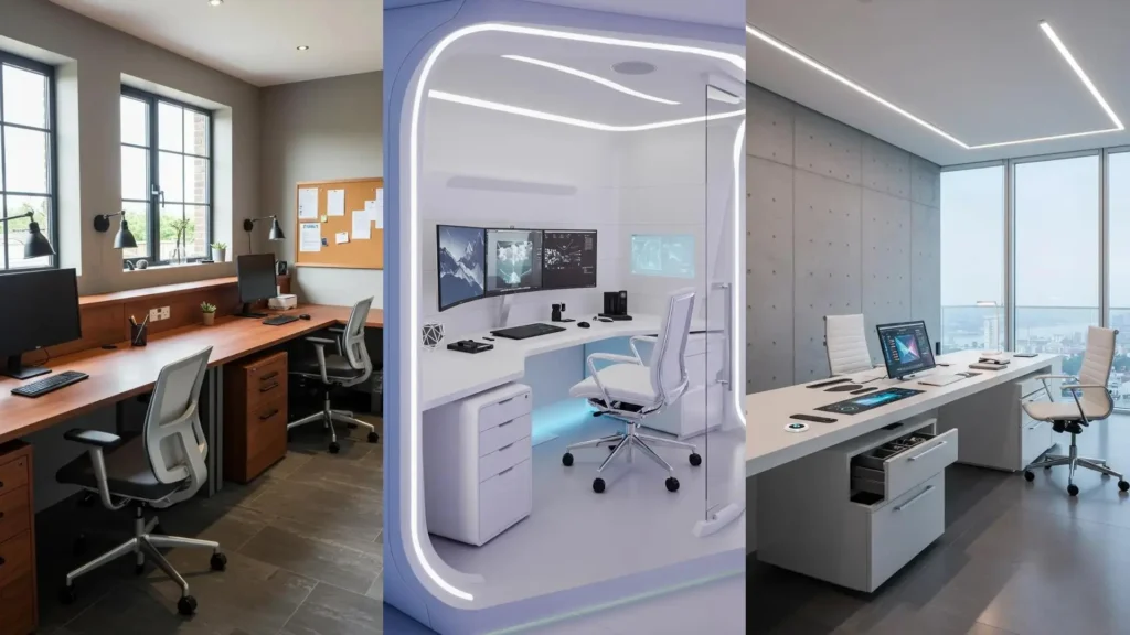 Trois bureaux à domicile high-tech et bien rangés avec gestion des câbles, stations de charge et tiroirs fonctionnels.