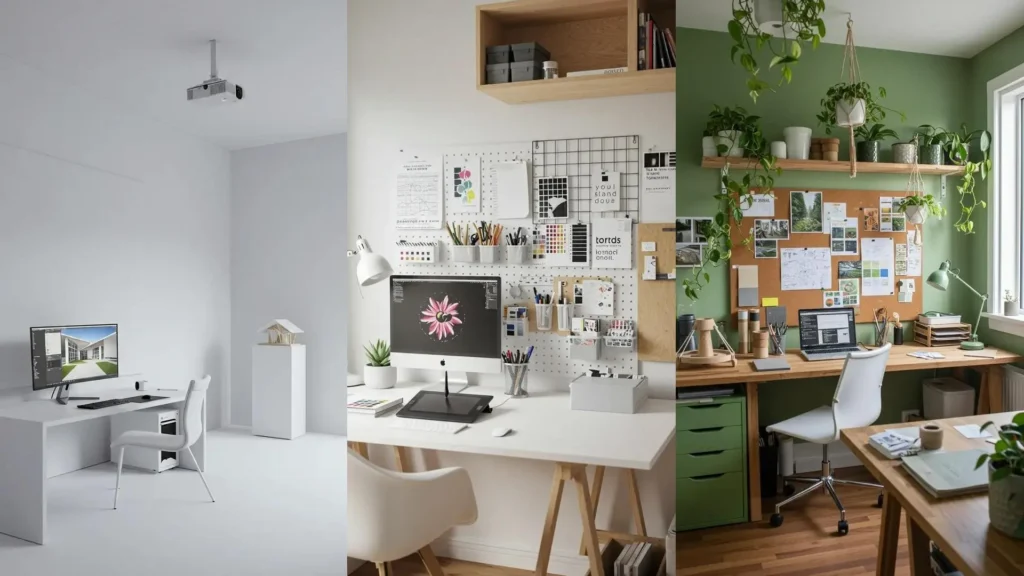 Trois bureaux créatifs de designers avec tableaux d'inspiration, rangements astucieux et espaces pour le prototypage.