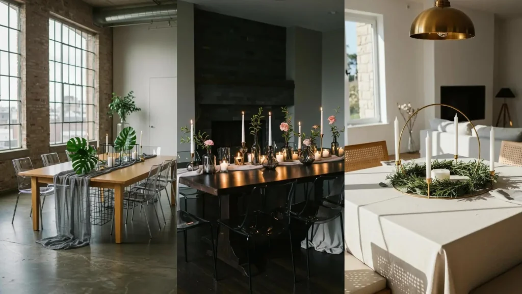 Trois centres de table de mariage minimalistes avec formes géométriques, bougies et feuilles simples pour un salon moderne.