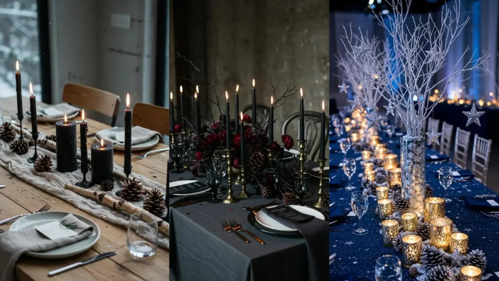 Centre de table mariage d'hiver élégant: branches enneigées, bougies chaleureuses et pommes de pin festives.
