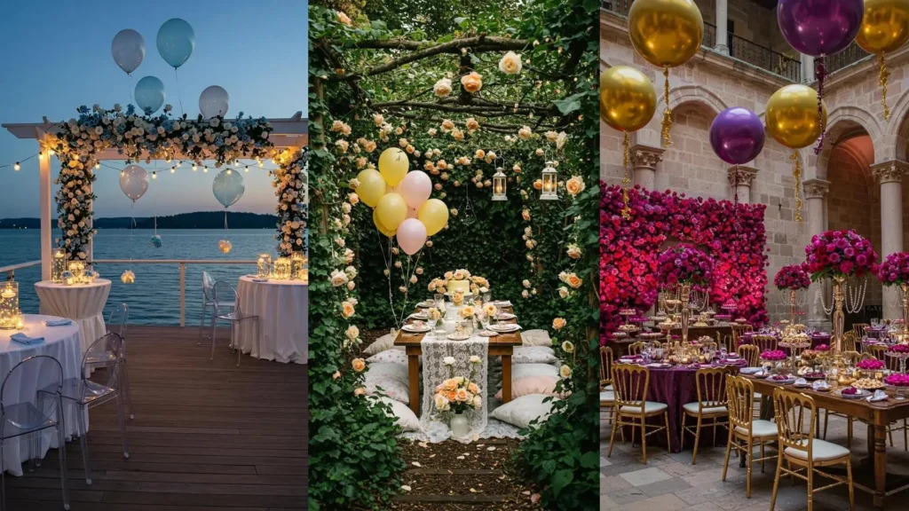 Décoration romantique pour fête d'anniversaire avec guirlandes de roses, ballons colorés et centres de table délicats.